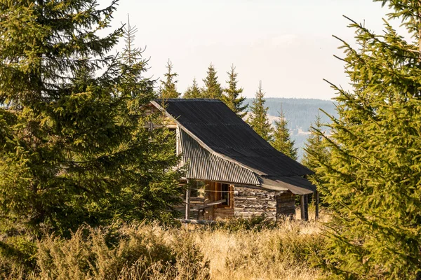 cabin with wood shingle on a roof in the mountain