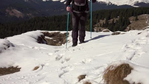 Πεζοπόρος Σακίδιο Περπατώντας Μια Βουνοπλαγιά Καλυμμένος Βαθύ Χιόνι — Αρχείο Βίντεο