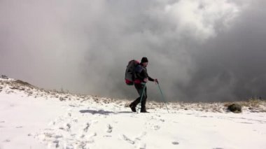 Yürüyüşçü ve Köpek Yolda, dağlarda, karlarda, bulutların üzerinde