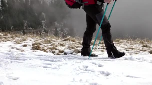 Randonneur Avec Sac Dos Marchant Sur Une Crête Montagne Couvert — Video