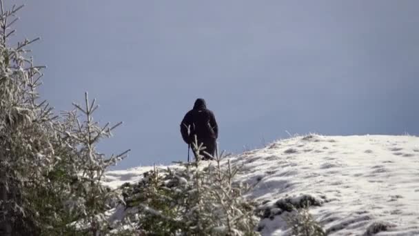 Caminhante Com Mochila Andando Cume Montanha Coberto Com Neve Profunda — Vídeo de Stock