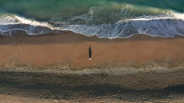 Dron Volando Sobre Una Mujer Rubia Escribiendo Las Palabras Bye — Vídeos de Stock