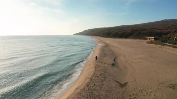 有人在美丽的无边无际的沙滩上漫步 无人驾驶飞机在他上方盘旋 — 图库视频影像