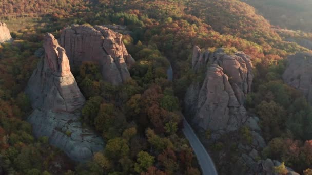 Bulgaristan Belogradchik Kayalıklarındaki Kır Yolu Kırmızı Kayalıklarıyla Renkli Sonbahar Ormanlarının — Stok video