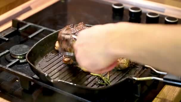Close Video Raw Veal Steak Spices Being Prepared Grill Pan — Stockvideo