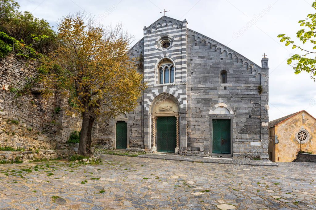 Panoramic view with old Church of San Lorenzo in Porto Venere, Italy