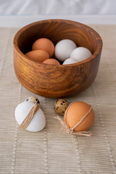Easter Concept Easter Decoration Unpainted Hens Quail Eggs Wooden Bowl — Stock Photo, Image