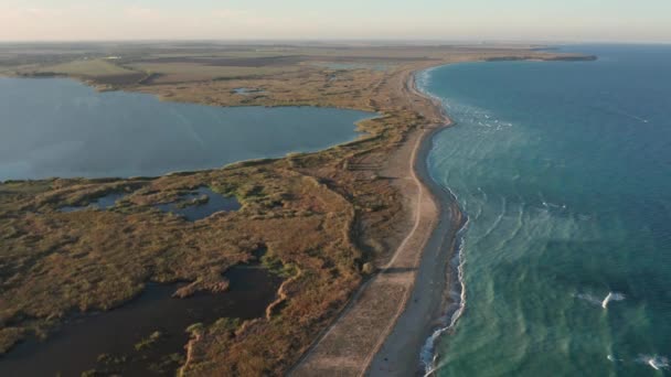 Aerial Fly Beautiful Empty Endless Wild Beach Sand Dunes Lake — Stock Video