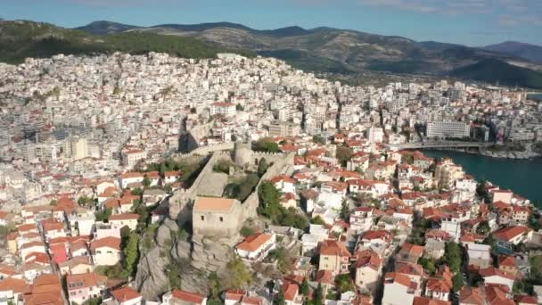 Drone Flight City Kavala Northern Greece Old Town Houses Red — Stock Video