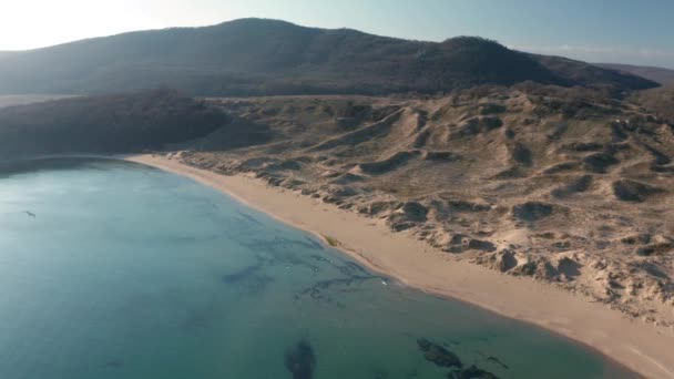 Hög Vinkel Antenn Video Över Vackra Vilda Stranden Med Sanddyner — Stockvideo