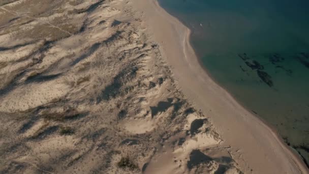 位于保加利亚阿库蒂诺保护区的黑海海岸 空中视频覆盖美丽的野生海滩 沙滩沙丘 碧绿大海清澈的海水 远处是一个小度假村 — 图库视频影像