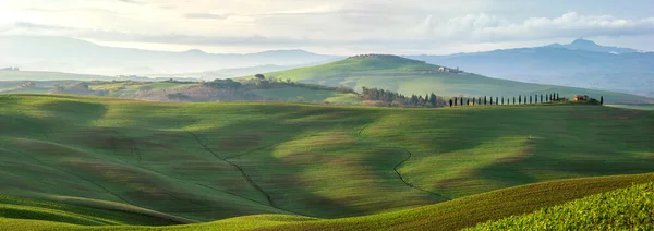 Increíble Paisaje Toscana Con Verdes Colinas Onduladas Mañana Soleada Primavera — Foto de Stock