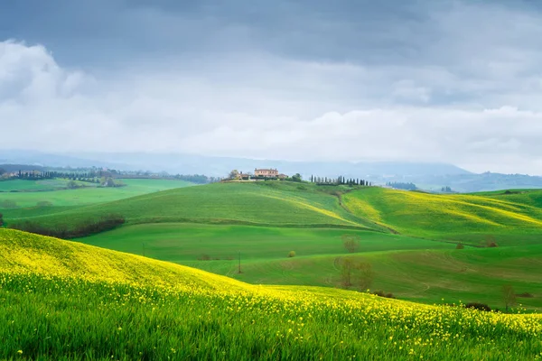 Удивительный Весенний Пейзаж Зелеными Горками Фермерскими Домами Центре Тосканы Утрам — стоковое фото