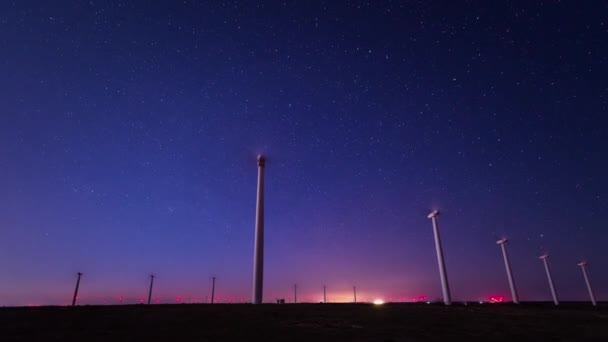 Time Lapse Con Cielo Stellato Notte Sopra Parco Eolico Bulgaria — Video Stock