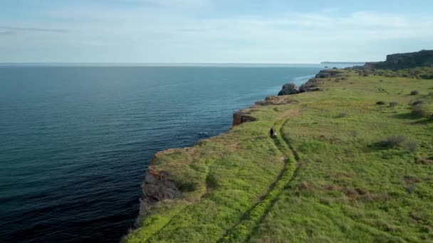 Vídeo Panorámico Con Madre Hija Caminando Por Pintoresca Costa Rocosa — Vídeo de stock