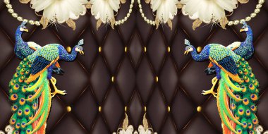 3d frames 3 pieces panels collage with beautiful background on wall with colored painted peacock and flowers and butterfly for interior decor