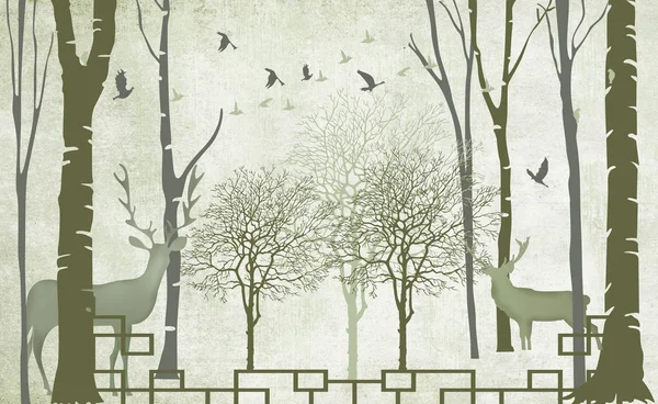 3d mural wallpaper trees in winter snow with branches and flowers . deer birds with flat modern simple background
