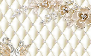 3d modern golden mural wallpaper with Jewelry flowers and gold swan
