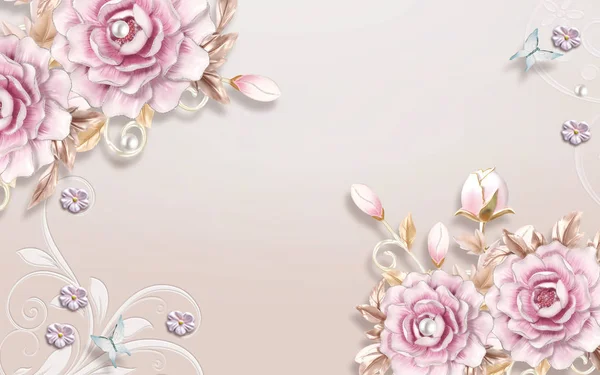 Mural Rosa Flores Papel Parede Com Pérola Borboleta Luz Simples — Fotografia de Stock