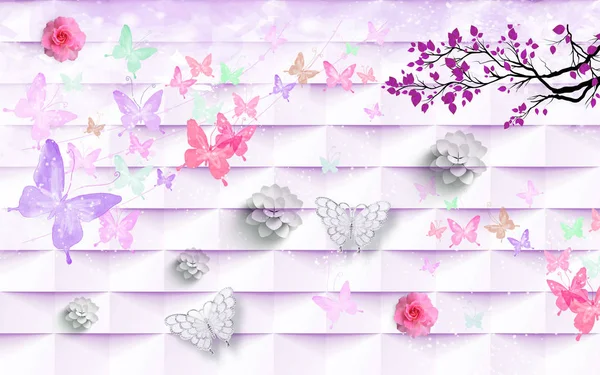 Nástěnné Malby Tapety Květinami Orchideje Mávání Motýlů Vykreslování Růží Pozadí — Stock fotografie