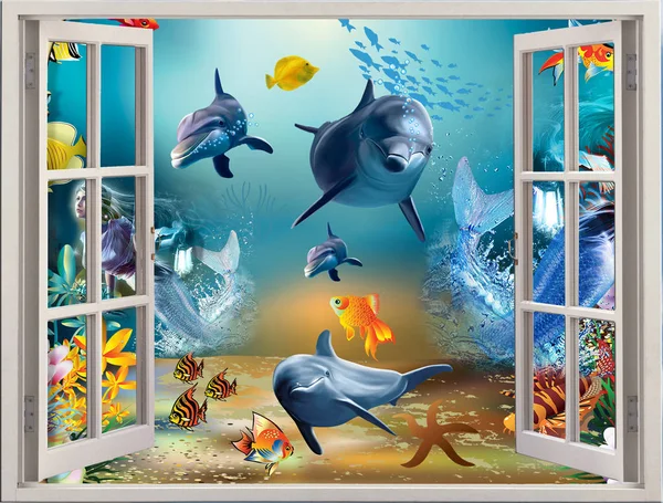 Ilustracja Tapety Pod Delfinem Morskim Ryby Żółw Koralowa Woda Piasku — Zdjęcie stockowe