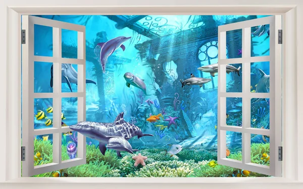 3d illustration wallpaper under sea dolphin, Fish, Tortoise, Coral reef sand water with broken wall bricks background. will visually expand the space in a small room, bring more light in window