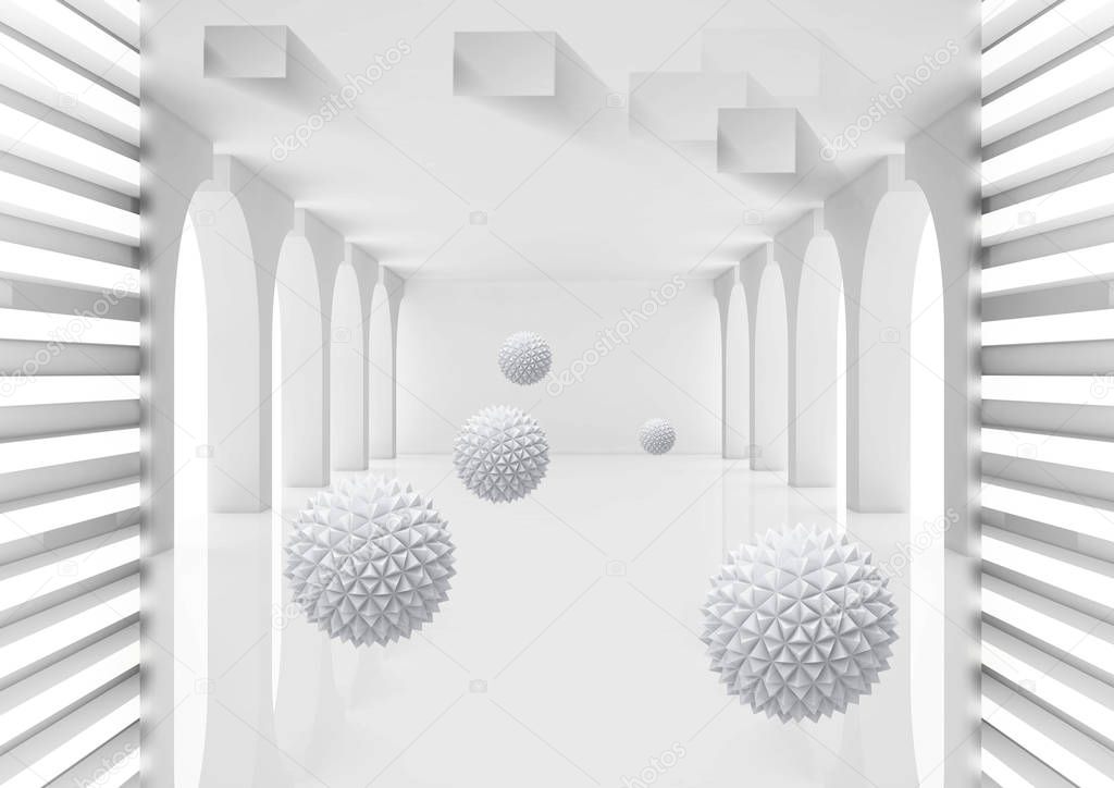 3d mural Illustration of 3D crystal ball in empty room gray rendering background