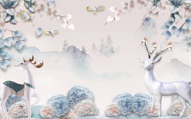 Chinese 3D mural Wallpaper with light flat simple mountain background . tree and colored branches . birds and tree  . flowers and deer