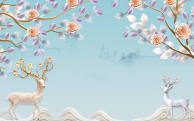 Chinese 3D mural Wallpaper with light flat simple mountain background . tree and colored branches . birds and tree  . flowers and deer