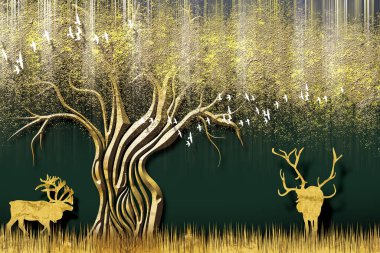 3d mural wallpaper with dark green background . flowers branches, deer butterfly and clouds.  gold Antelope andgolden stem