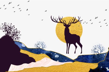 3d mural wallpaper with gray background golden sun . tree, black birds, deer with antlers  and mountains . flat modern background