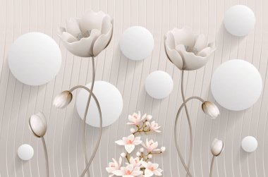  Gri dalgalar üzerinde güzel beyaz çiçek dekorasyonunun duvar arkası 3D duvar kağıdı 3D beyaz top grafiksel basit modern sanat