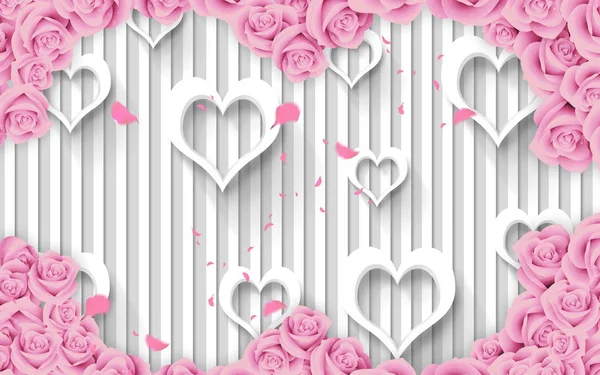 Mural Love Illustration Light Silver Gray Background White Hearts Flowers — Stock Photo, Image
