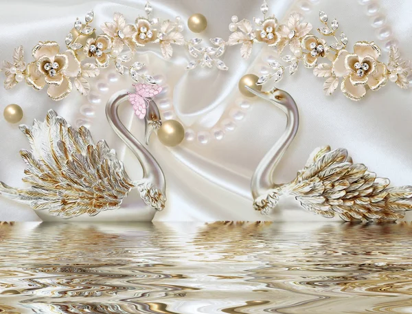 Resimli Süs Çiçekli Üzerindeki Altın Kuğu Mücevher Top — Stok fotoğraf