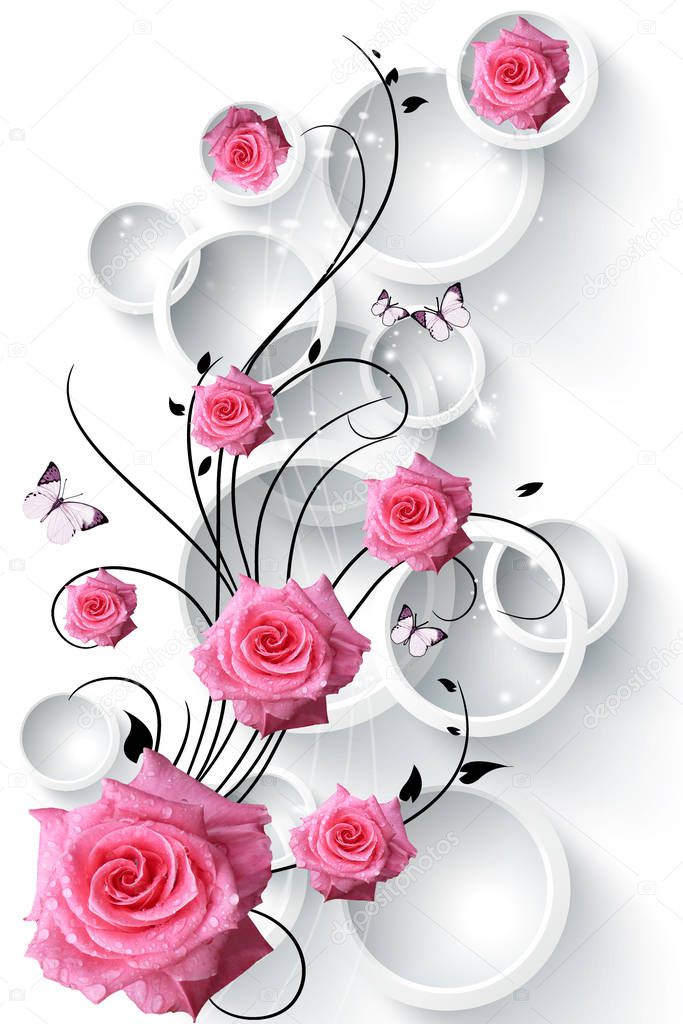 3d mural illustration background with golden jewelry and flowers , circles decorative wallpaper