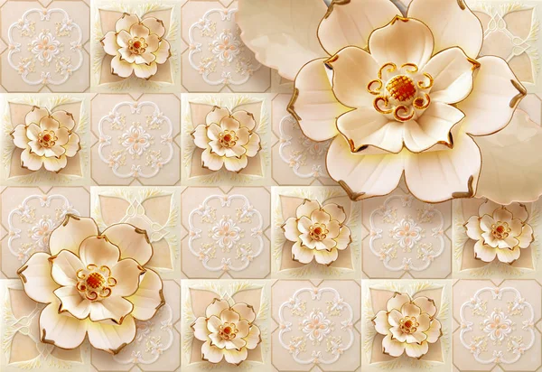 3d mural illustration background with golden jewelry and flowers , circles decorative wallpaper