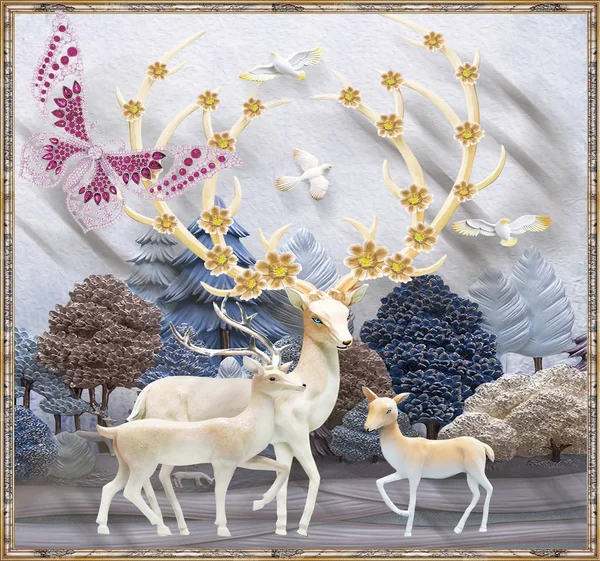 3d mural Flowers background with Deer and circle wallpaper for walls . with golden tree flowers and Jewelery background .