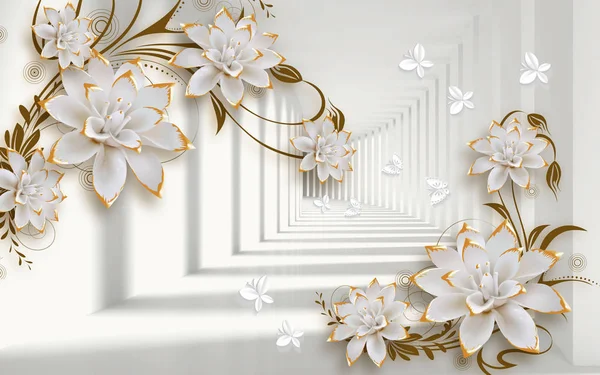 Altın Mücevher Çiçeklerle Boyutlu Duvar Resmi Dekoratif Duvar Kağıtları — Stok fotoğraf