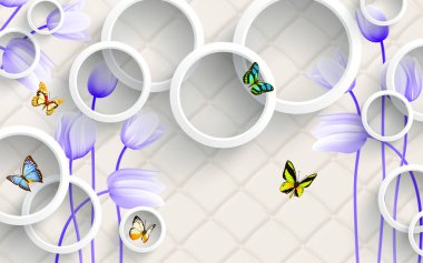 Çiçekli, incili, mücevherli, daireli ve kelebekli 3 boyutlu duvar resmi. mermer ve kapiton duvar kağıdı