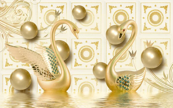 Mural Ilustração Cisne Dourado Água Com Fundo Floral Decorativo Joalharia — Fotografia de Stock