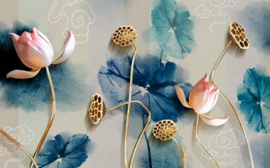 mural Illustration of beautiful White flower decorative on gray wall background 3D wallpaper. Graphical modern art with golden flower clipart