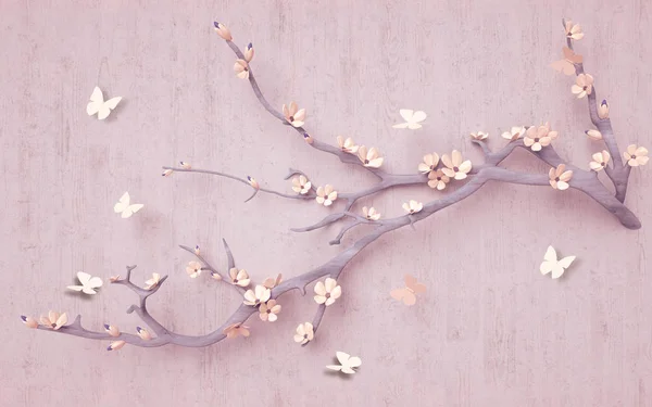 Wandbild Tapete Design Mit Render Blume Und Baum Zweig Schmetterling — Stockfoto