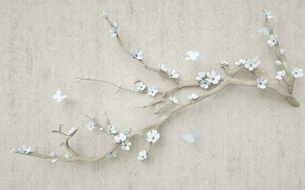 Nástěnná Malba Vykreslením Květinové Stromové Větve Motýl Dřevěné Pozadí — Stock fotografie