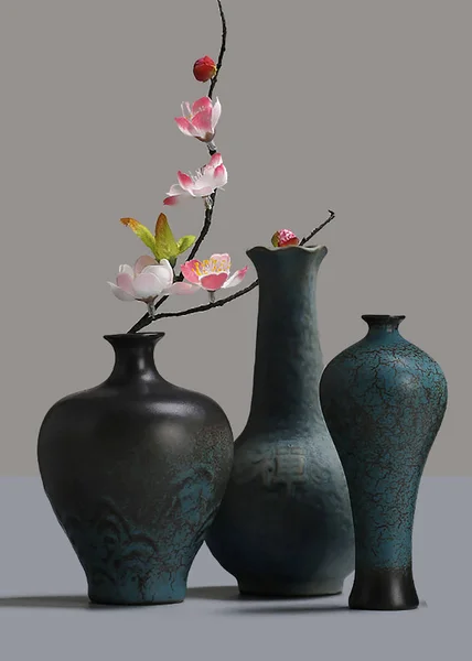 Wandbild Tapete Weiß Und Schwarz Vase Mit Rosa Blumen Auf — Stockfoto