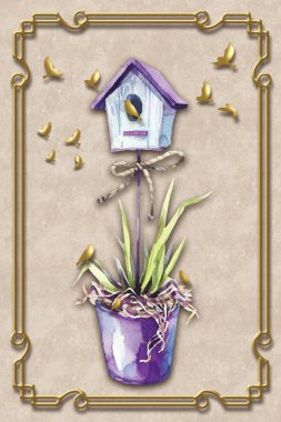 3d mural wallpaper purple vase with birds house and golden frame on beige background . Suitable for use on a wall frame clipart