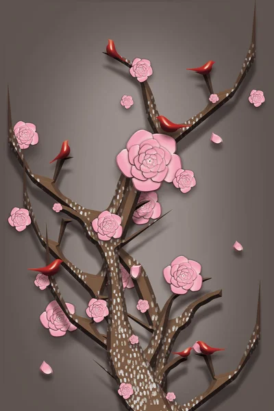 3d mural wallpaper flowers branches with modern gray background with moon, sun, birds  . Suitable for use on a wall frame