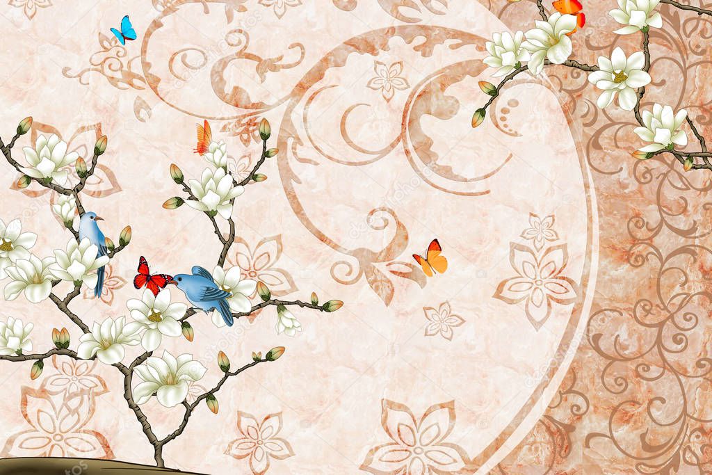 3d marble mural background light simple beige wallpaper . birds in branches flowers floral marble background 