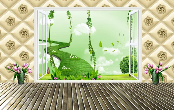 3d mural wallpaper for kids room Wall with beautiful landscape behind with vase flowers . visually expand the space in a small room, bring more light by green way in sky . golden background and wood