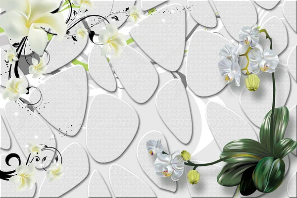 3d mural wallpaper gray stone background . with flower branches