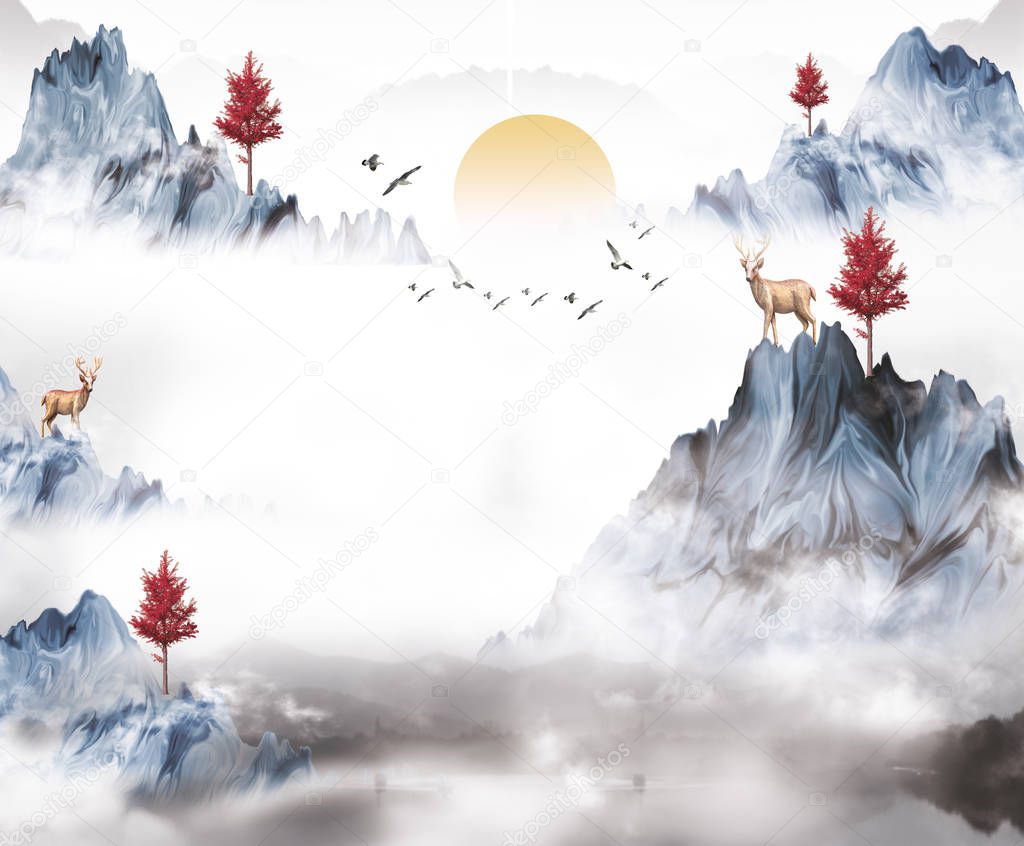 3d modern art mural wallpaper with dark blue Jungle , forest background . golden deer, black christmas tree , mountain , moon with white birds . Suitable for use as a frame on walls .